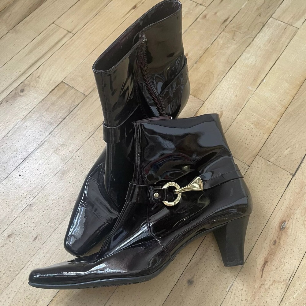 AK Anne Klein AKGIBBS Women Bronze Patent Leather Ankle Boot Heel Shoe Size 9.5